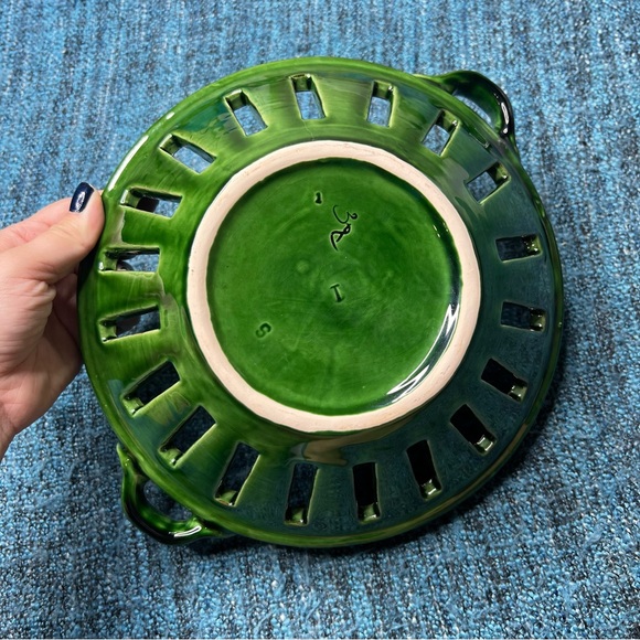 Hungarian Sgraffito Pottery Ceramic Dish Colander Style Berry Bowl Hungary 11" - Picture 7 of 8